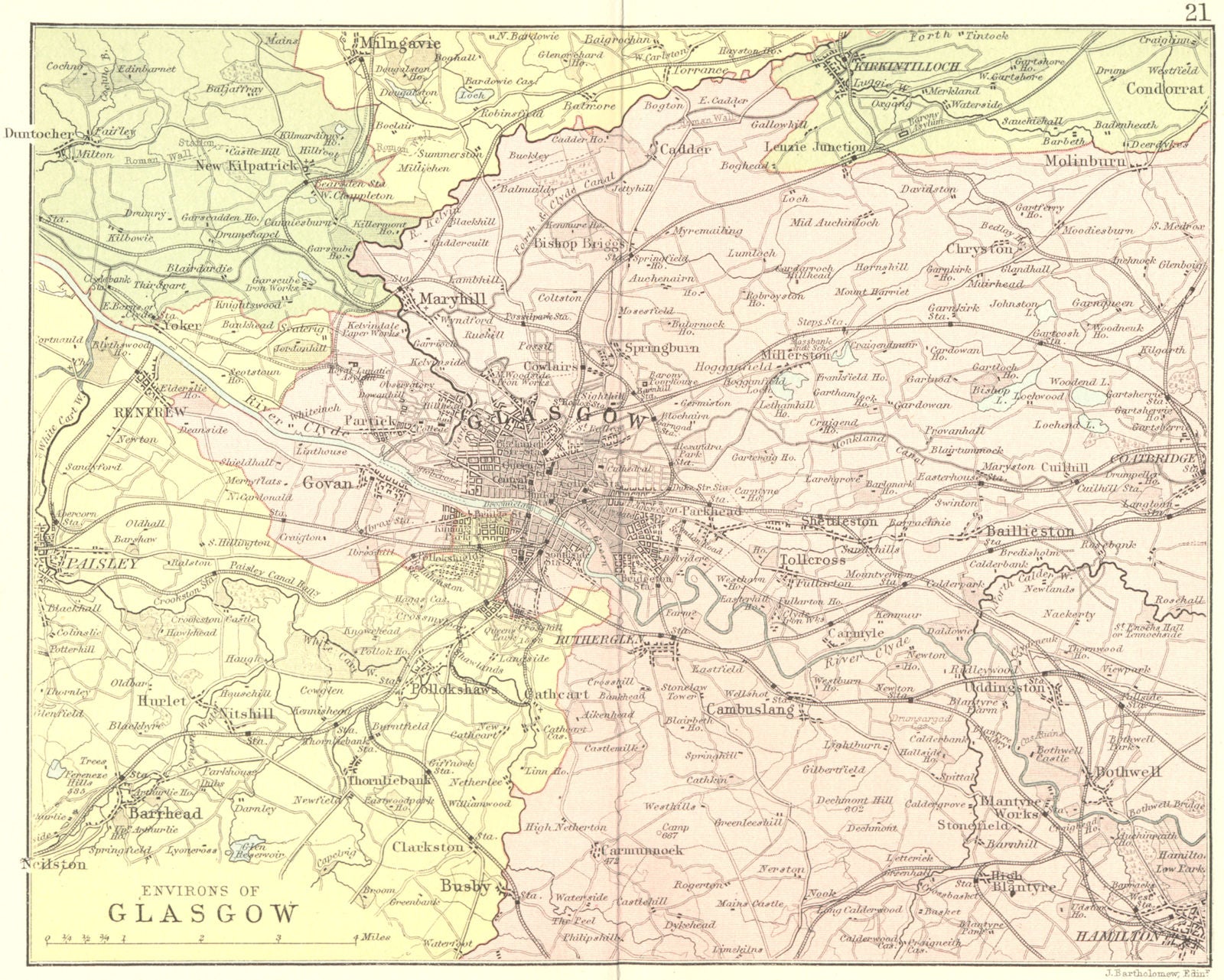 SCOTLAND. Area of Glasgow. Philip 1891 old antique vintage map plan chart
